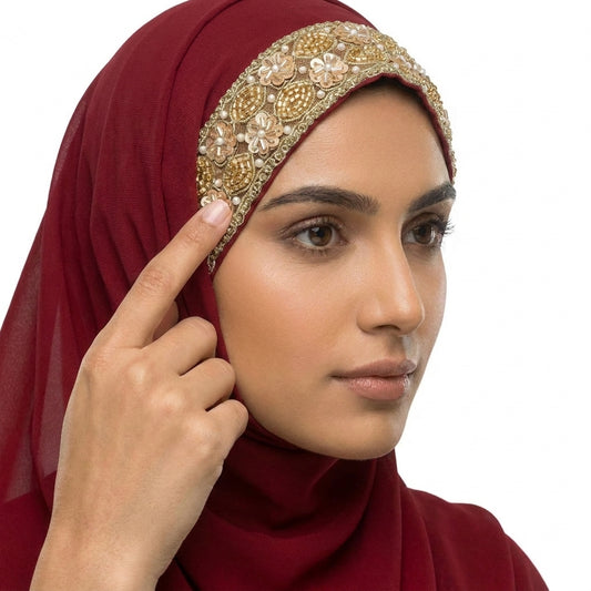 Maroon Chiffon Hijab with Floral Bead & Braided Lace