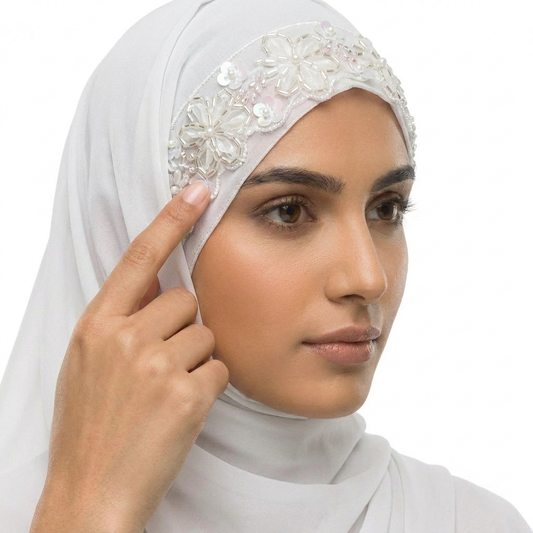 Off White Chiffon Hijab with Floral Pearl & Scalloped Lace
