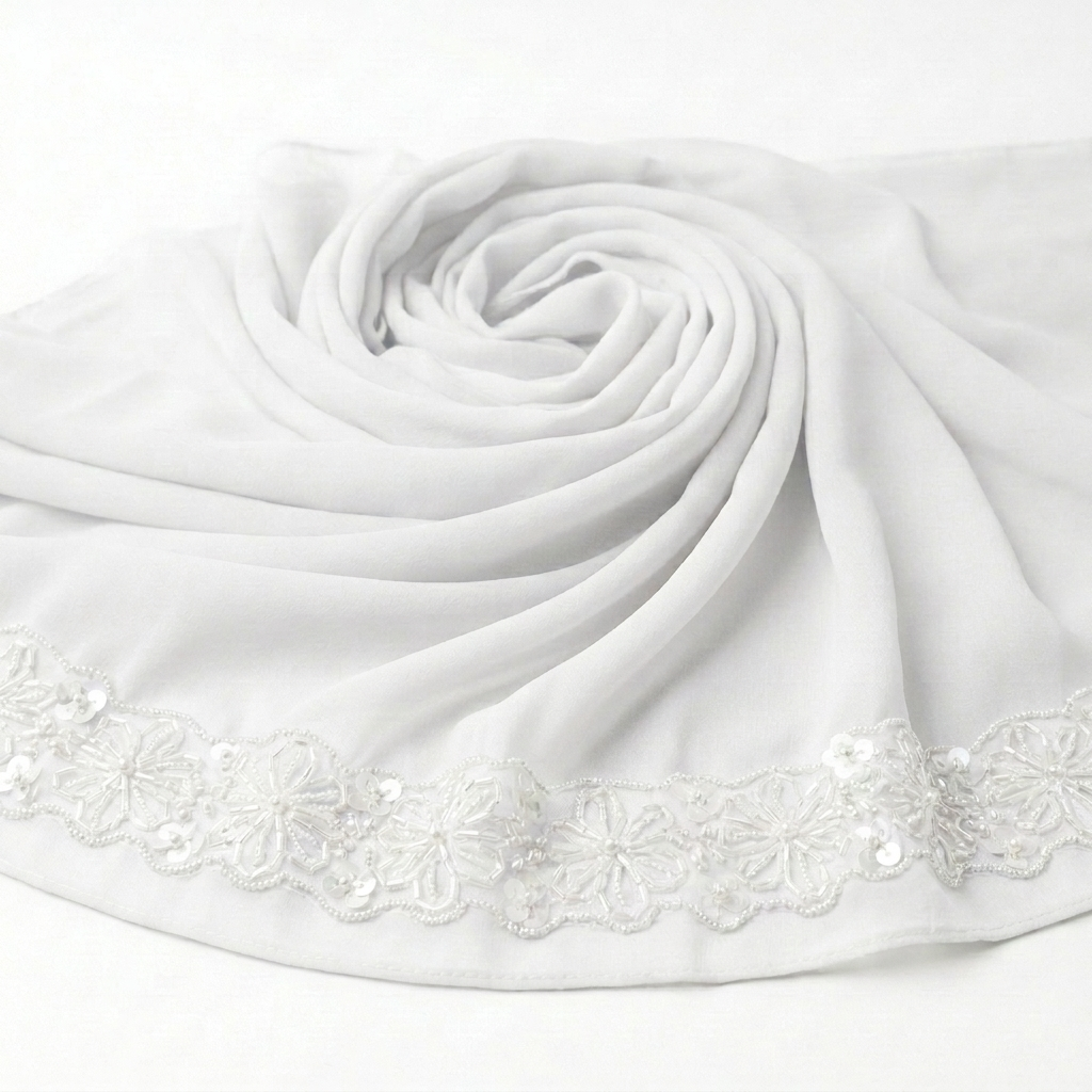 Off White Chiffon Hijab with Floral Pearl & Scalloped Lace