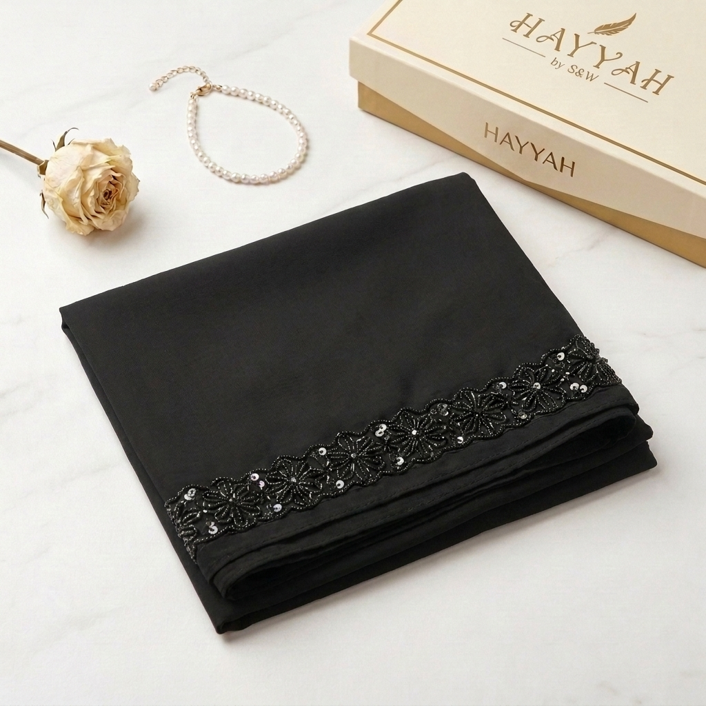 Midnight Black Chiffon Hijab with Floral Bead & Scalloped Lace