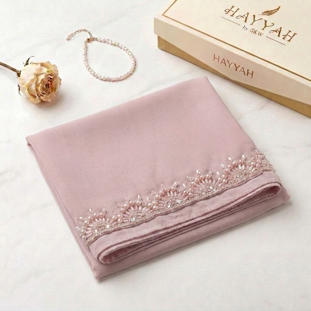 Blush Pink Chiffon Hijab with Arch Pearl Embroidery lace