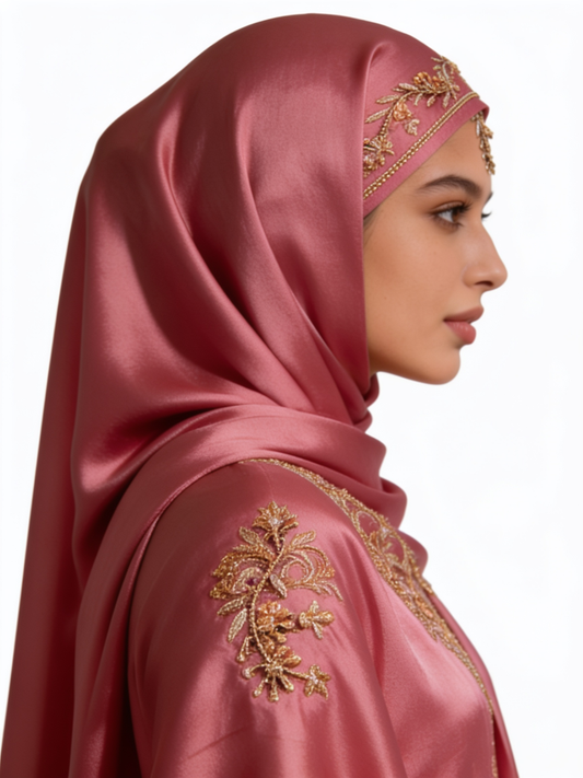 Dusty Rose Silk with Gold Vine & Beaded Trim