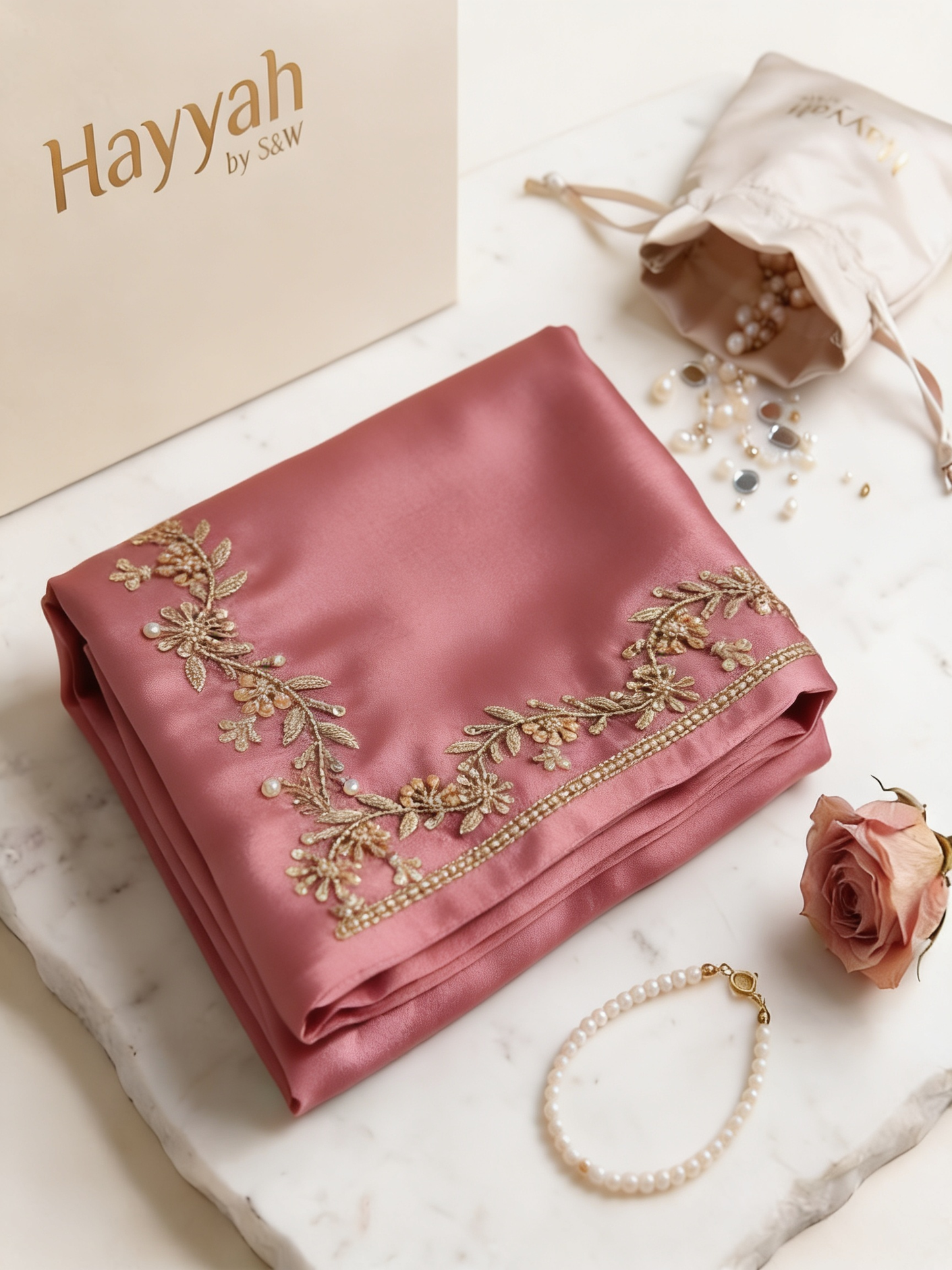 Dusty Rose Silk with Gold Vine & Beaded Trim