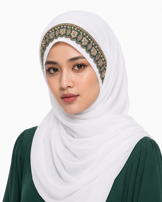 White Chiffon Green Embroidered Hijab
