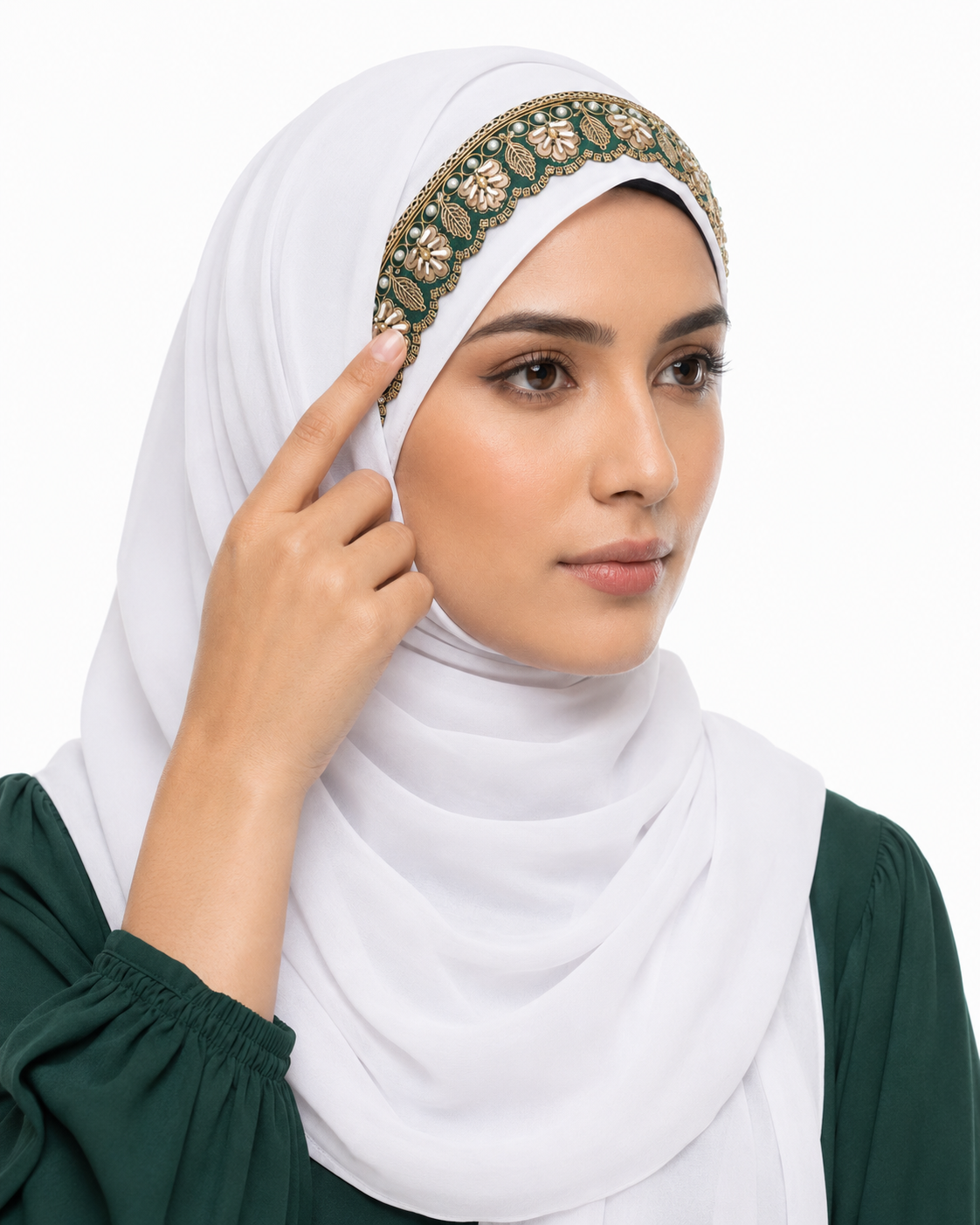 White Chiffon Green Embroidered Hijab