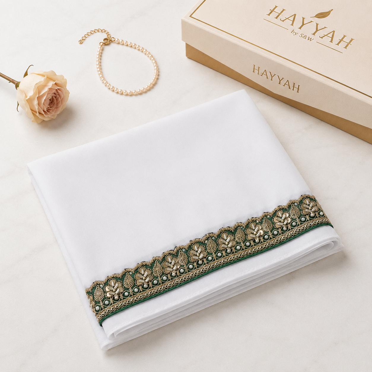White Chiffon Green Embroidered Hijab