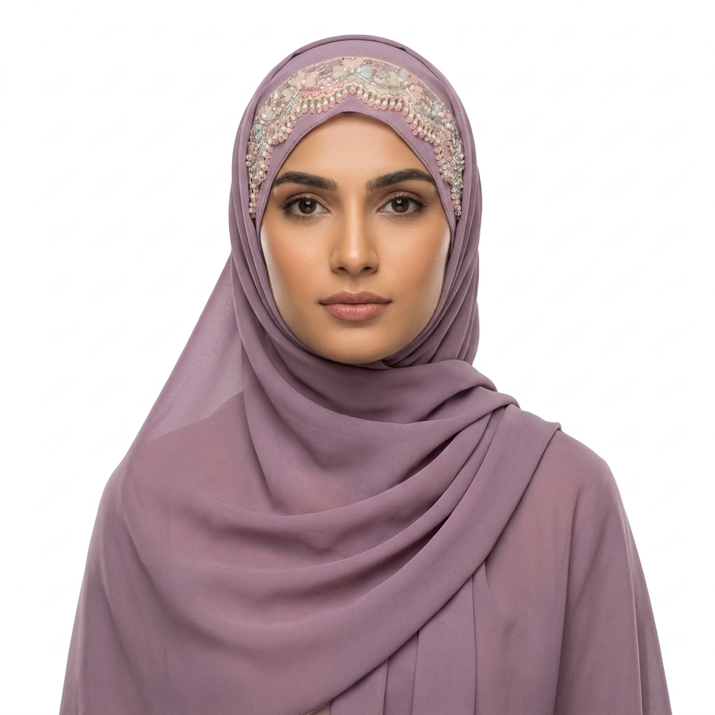 Dusty Mauve Chiffon Hijab with Floral Pearl & Scalloped Lace