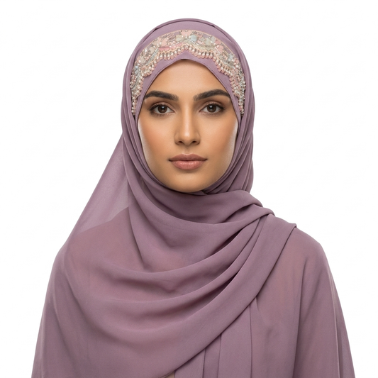 Dusty Mauve Chiffon Hijab with Floral Pearl & Scalloped Lace