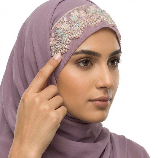 Dusty Mauve Chiffon Hijab with Floral Pearl & Scalloped Lace