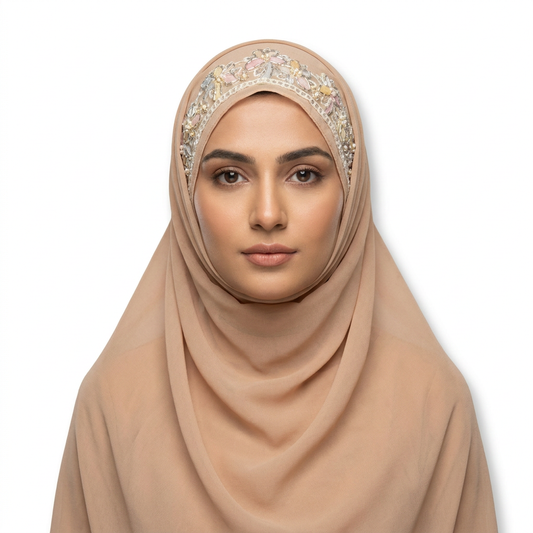 Nude Beige Chiffon Hijab with Beaded Trim
