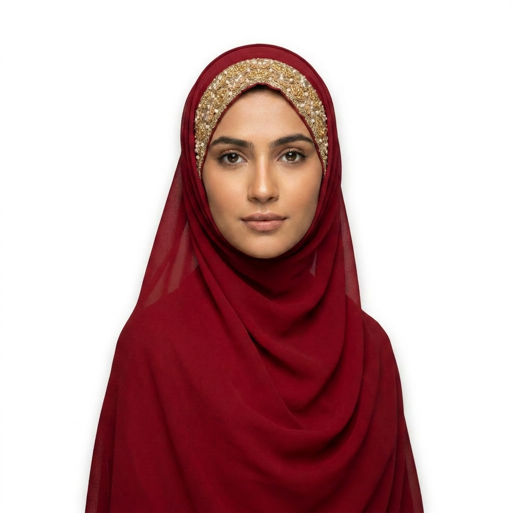Maroon Chiffon Hijab with Floral Bead & Braided Lace
