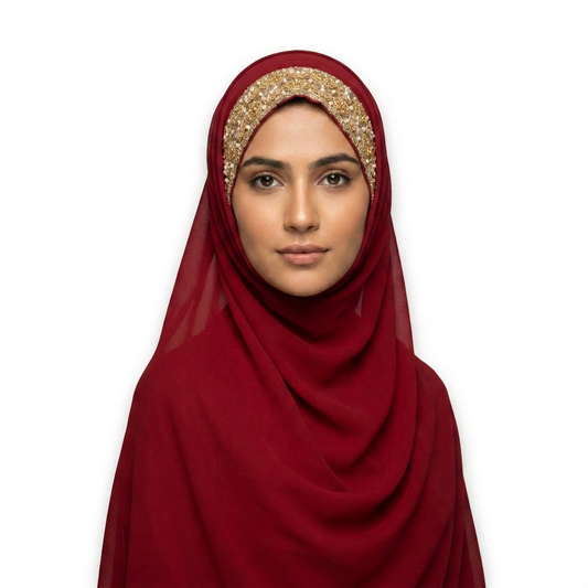 Maroon Chiffon Hijab with Floral Bead & Braided Lace