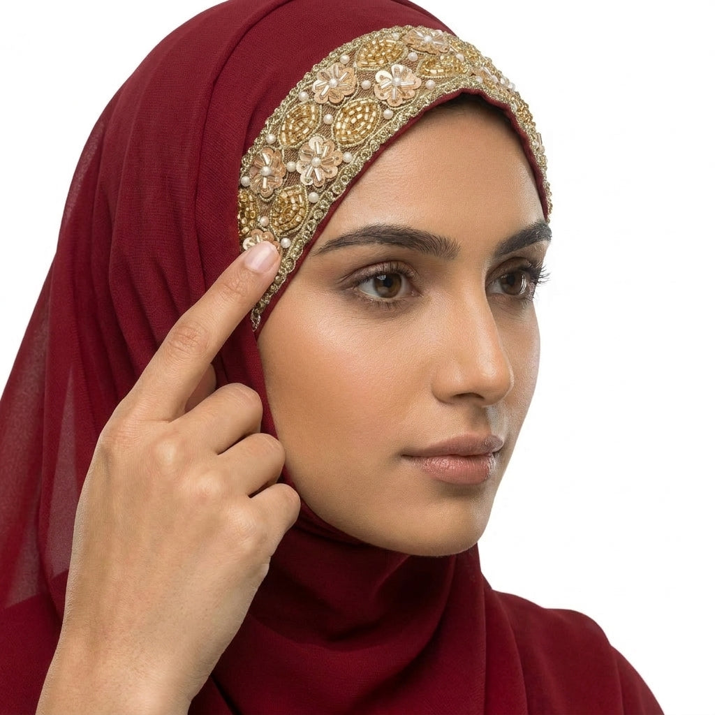 Maroon Chiffon Hijab with Floral Bead & Braided Lace