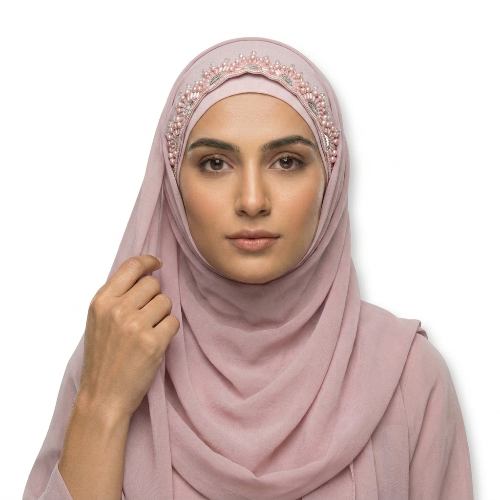 Blush Pink Chiffon Hijab with Arch Pearl Embroidery lace