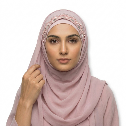 Blush Pink Chiffon Hijab with Arch Pearl Embroidery lace