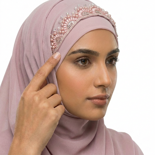 Blush Pink Chiffon Hijab with Arch Pearl Embroidery lace