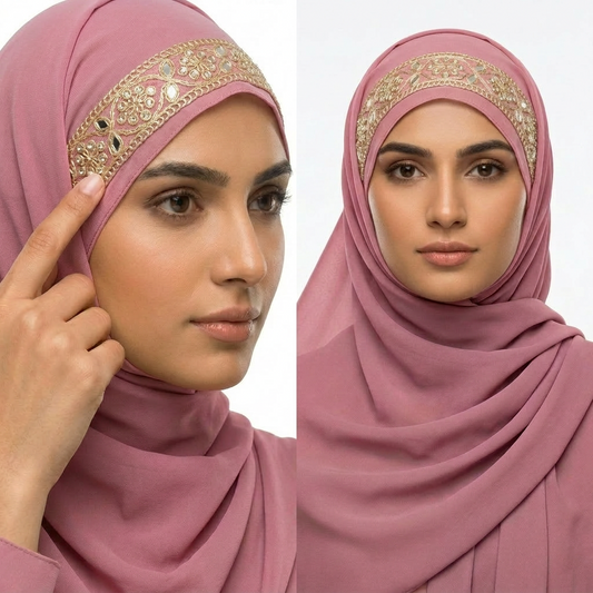 Dusty Rose Chiffon Hijab with Floral Mirror & Metallic Trim