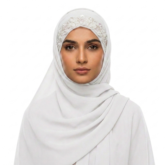 Off White Chiffon Hijab with Floral Pearl  & Scalloped Lace