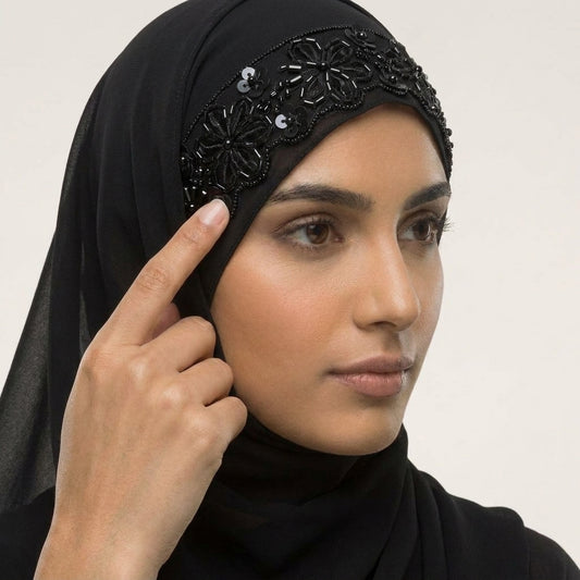 Midnight Black Chiffon Hijab with Floral Bead  & Scalloped Lace