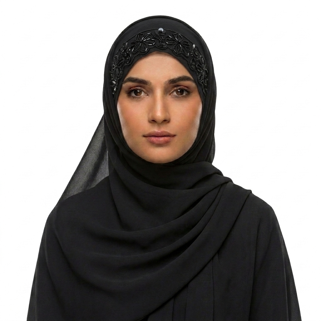 Midnight Black Chiffon Hijab with Floral Bead  & Scalloped Lace