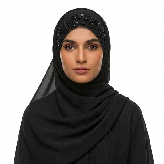Midnight Black Chiffon Hijab with Floral Bead  & Scalloped Lace