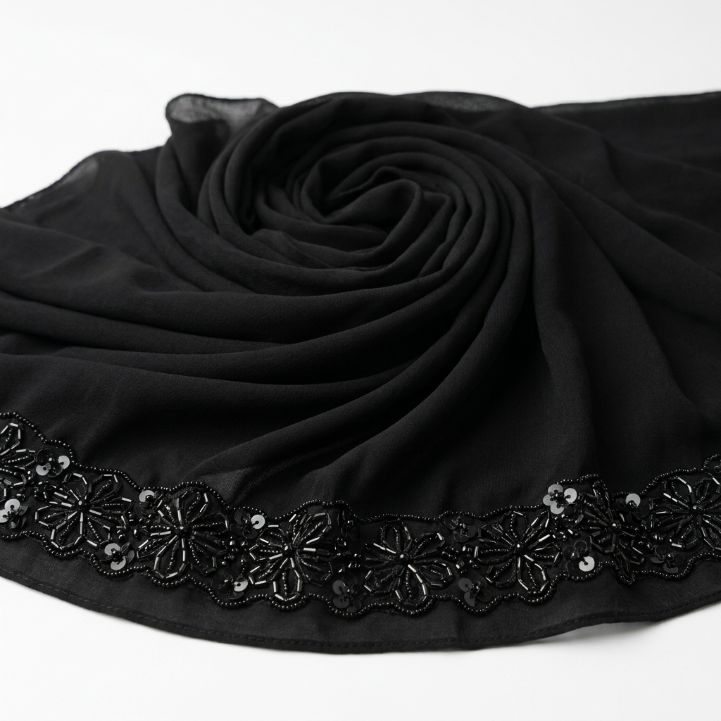 Midnight Black Chiffon Hijab with Floral Bead  & Scalloped Lace