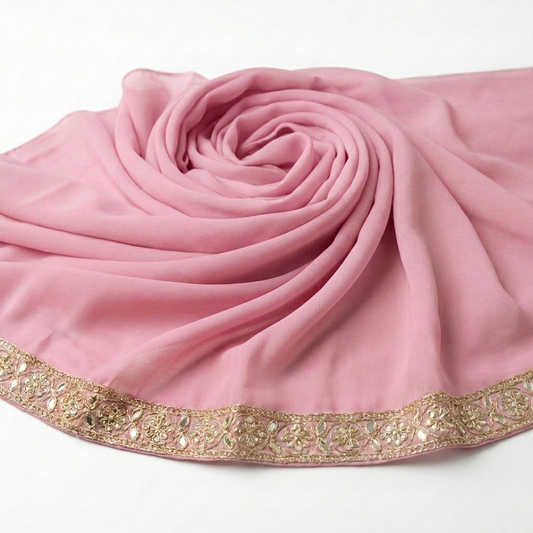 Dusty Rose Chiffon Hijab with Floral Mirror & Metallic Trim