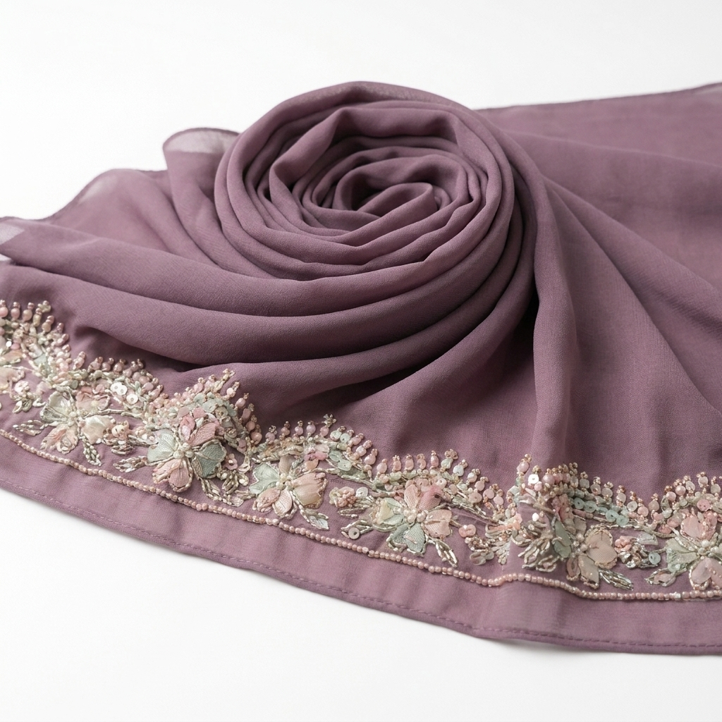 Dusty Mauve Chiffon Hijab with Floral Pearl & Scalloped Lace
