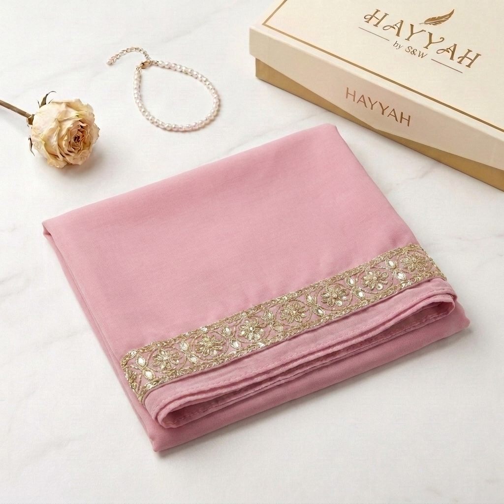 Dusty Rose Chiffon Hijab with Floral Mirror & Metallic Trim