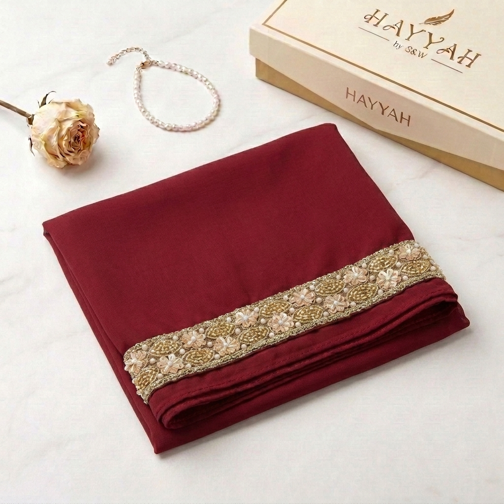 Maroon Chiffon Hijab with Floral Bead & Braided Lace
