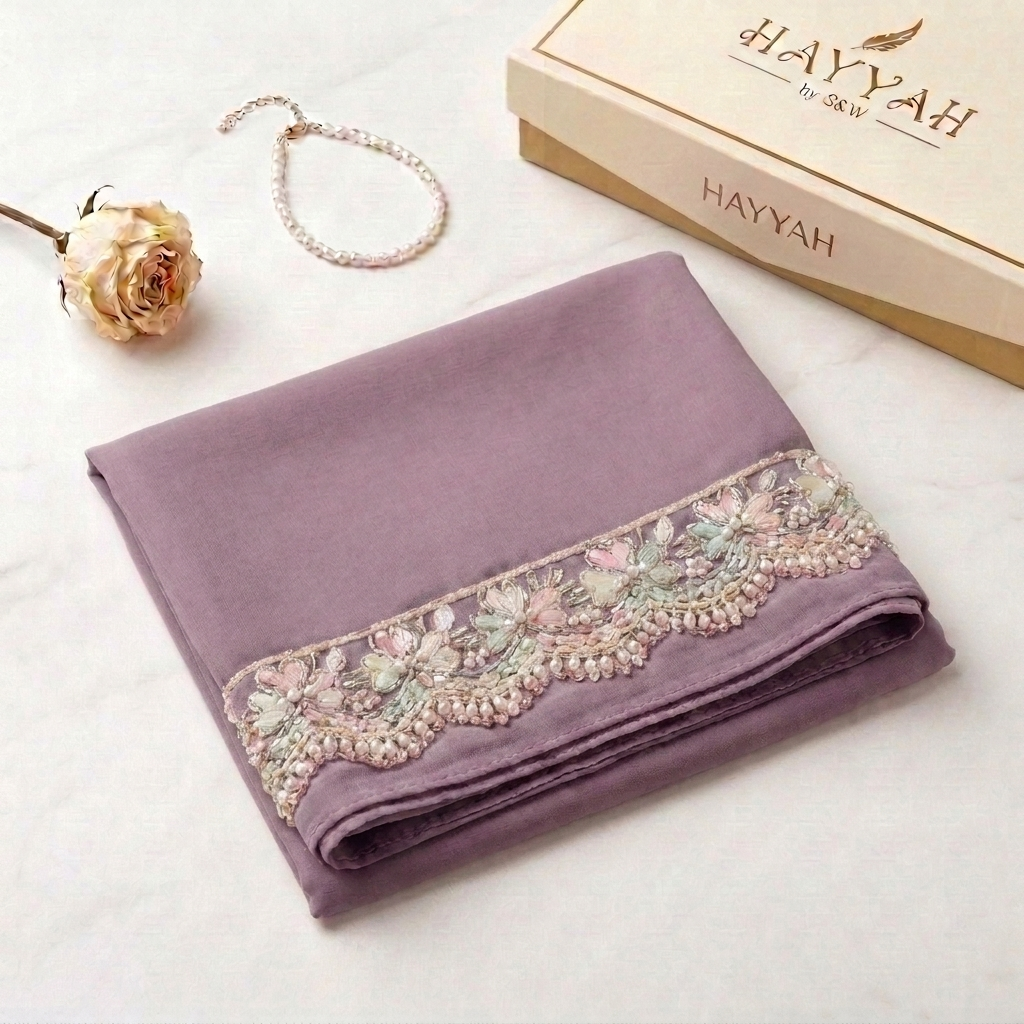 Dusty Mauve Chiffon Hijab with Floral Pearl & Scalloped Lace