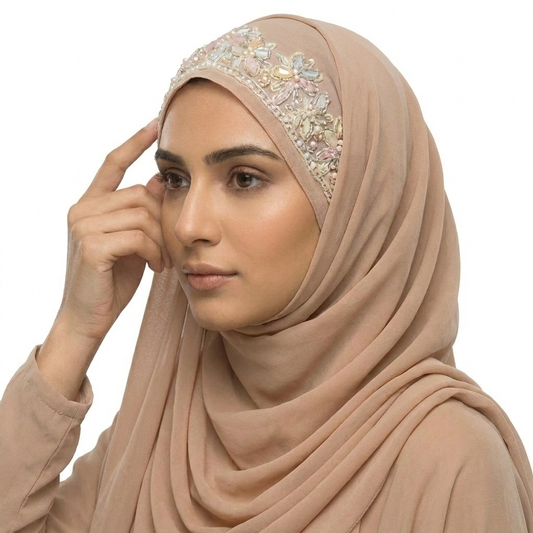 Nude Beige Chiffon Hijab with Beaded Trim