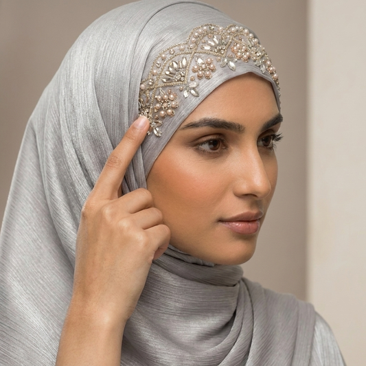 Metallic Silver Hijab with Crystal Tara & Scalloped Trim
