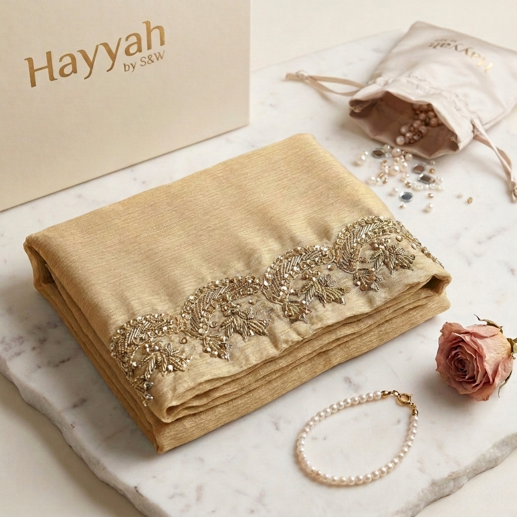 Champagne Gold Silk Hijab with Gold Zari & Crown Arch