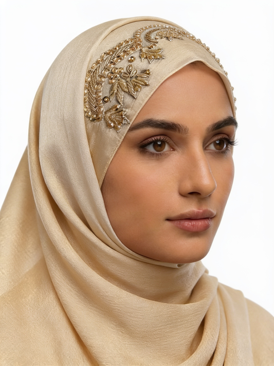 Champagne Gold Silk Hijab with Gold Zari & Crown Arch