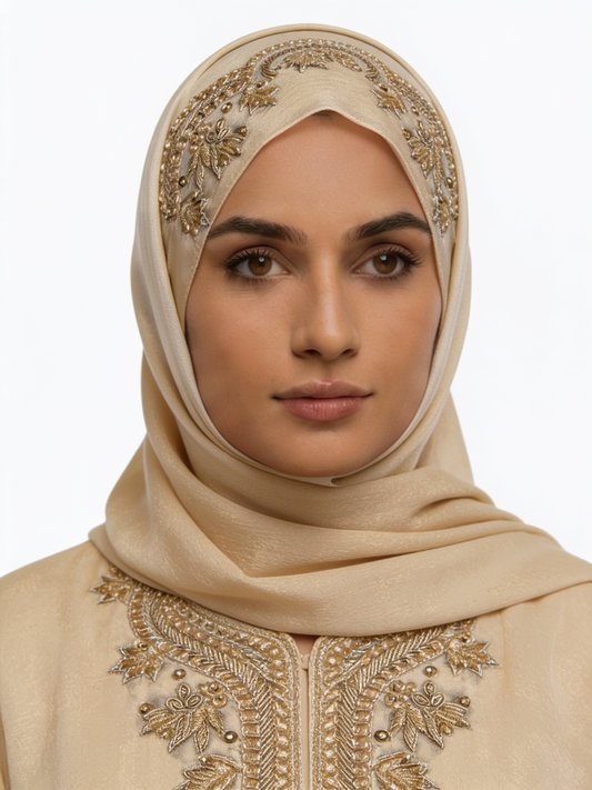 Champagne Gold Silk Hijab with Gold Zari & Crown Arch