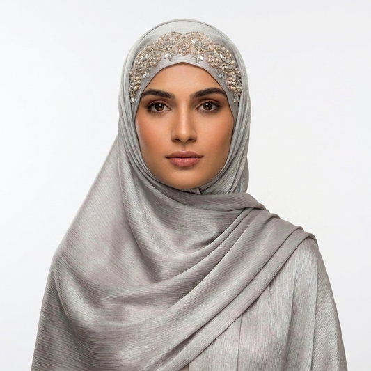 Metallic Silver Hijab with Crystal Tara & Scalloped Trim