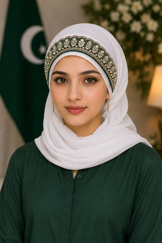 White Chiffon Green Embroidered Hijab